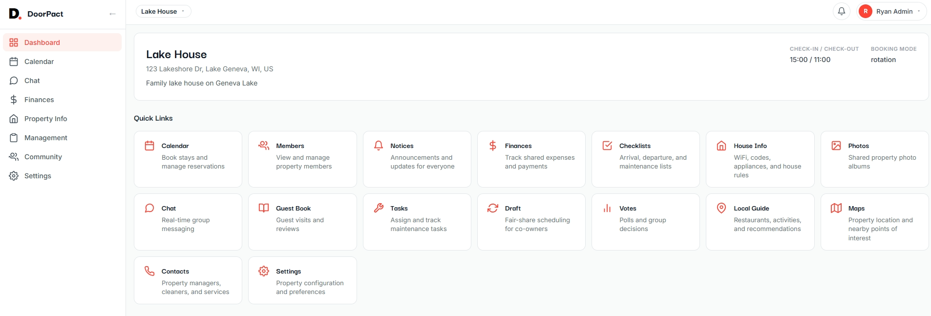 DoorPact property dashboard showing calendar, finances, checklists, chat, and more